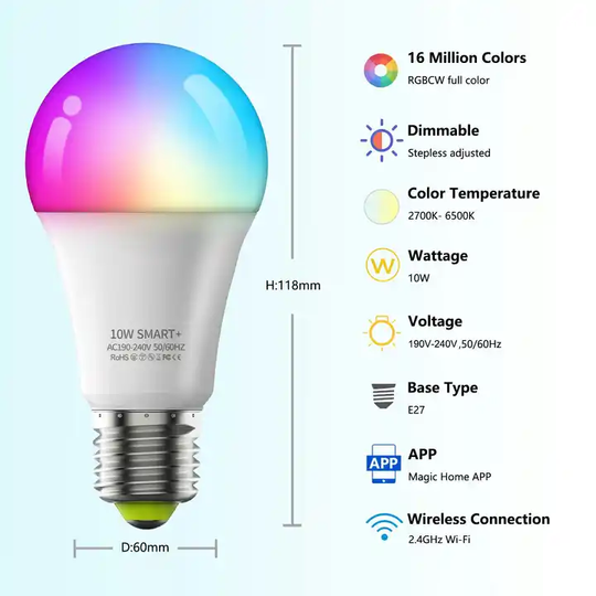 Lampadine LED E27 Smart WiFi RGB Dimmerabili 800 Lumen 10W